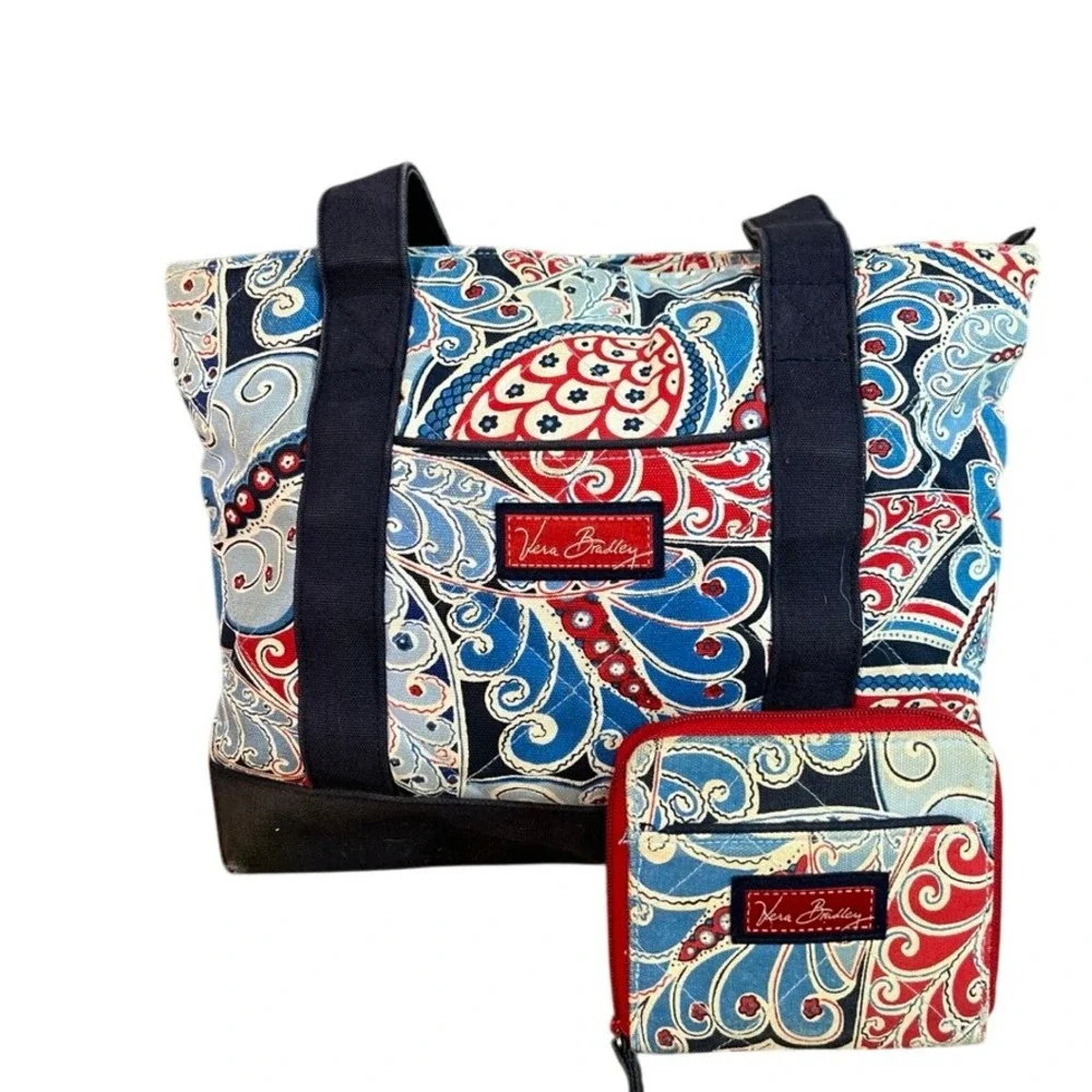 Vera Bradley Paisley Tote Bag and Matching Wallet Set Blue Red White Canvas